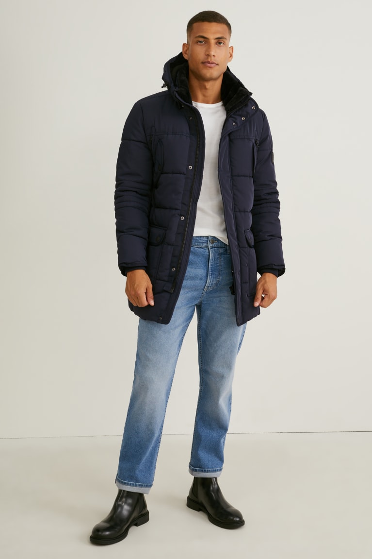 Dark Blue C&A Parka With Hood And Faux Fur Trim Winter Men's Jackets | CEYGO-7026