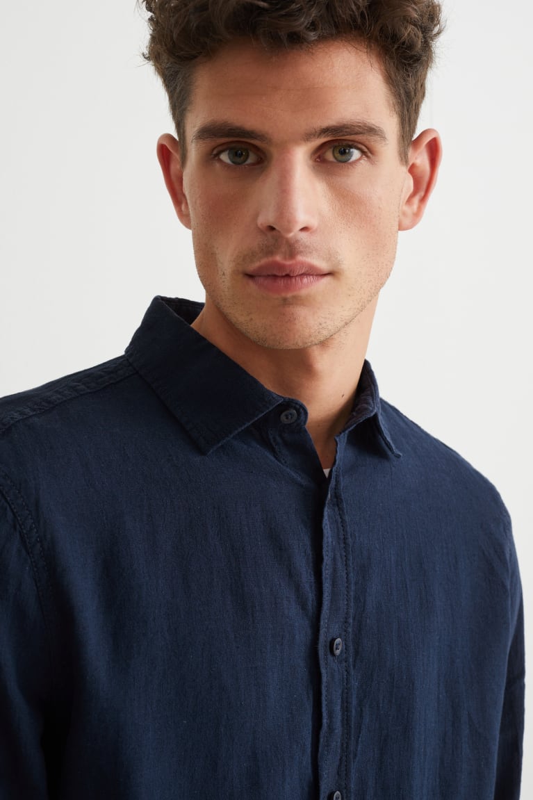 Dark Blue C&A Regular Fit Kent Collar With Linen Made From European Flax® Men's Shirts | WTZKS-3867