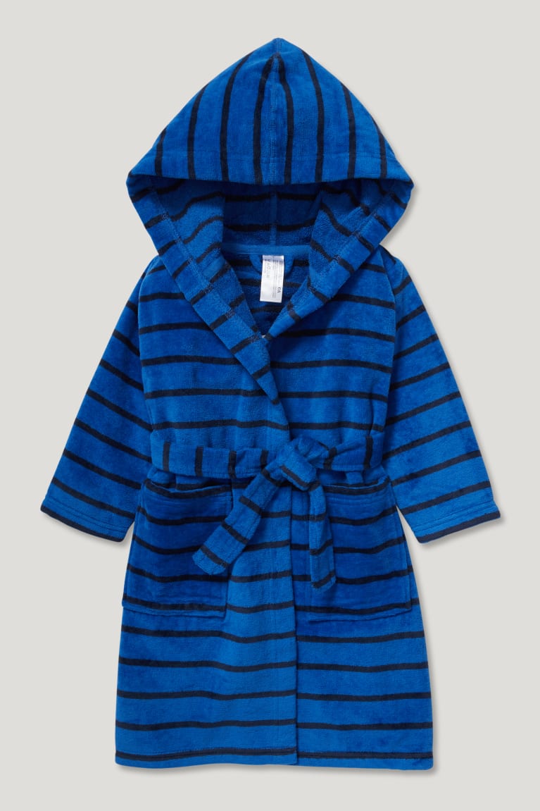 Dark Blue C&A Terry Cloth Bathrobe With Hood Organic Cotton Striped Boys\' Swimwear | YAHUS-1047