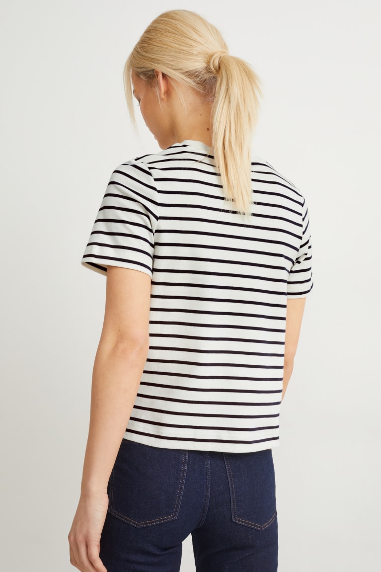 Dark Blue / Creme White C&A Organic Cotton Striped Women's T-shirts | TJAKR-0672