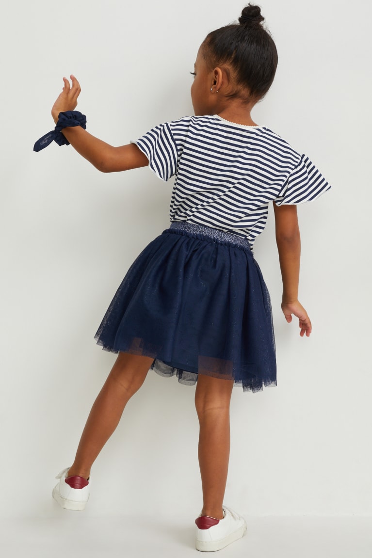 Dark Blue / White C&A Minnie Mouse Set Sleeve , And Scrunchie Girls' T-shirts | ULSWZ-7618