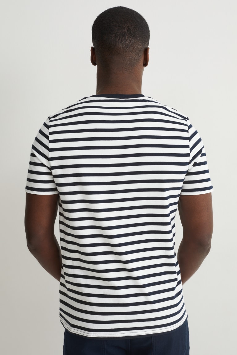 Dark Blue / White C&A Organic Cotton Striped Men's T-shirts | RDTQB-4135