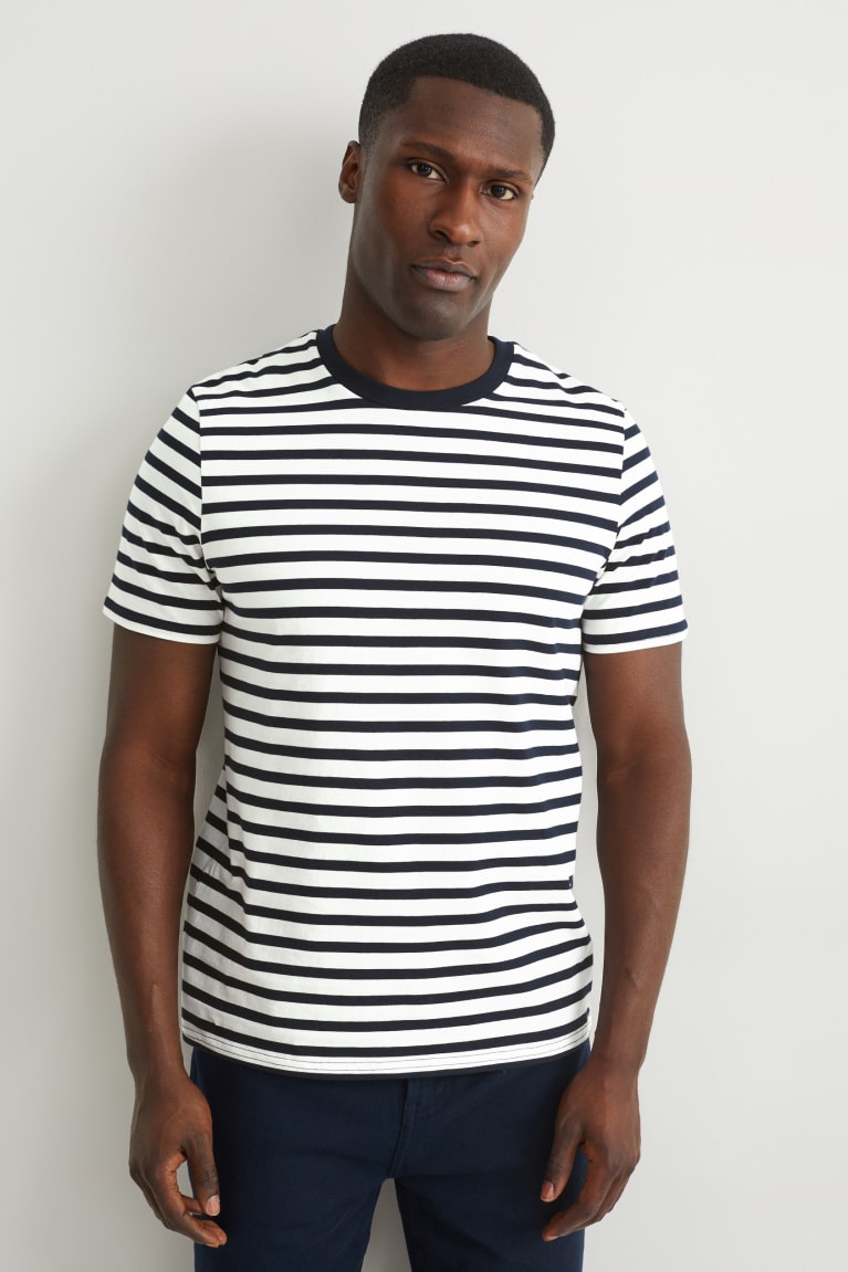 Dark Blue / White C&A Organic Cotton Striped Men\'s T-shirts | RDTQB-4135