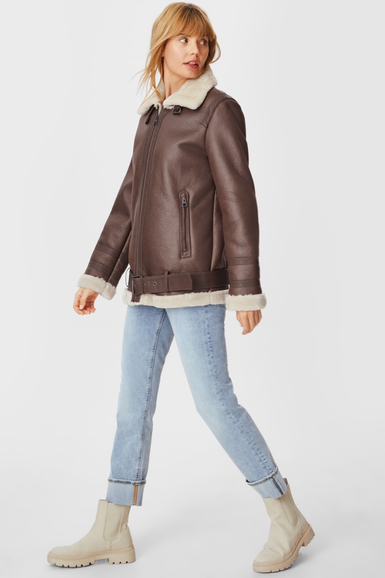 Dark Brown C&A Biker With Faux Fur Trim Lined Faux Leather Women's Jackets | IPDJA-6528