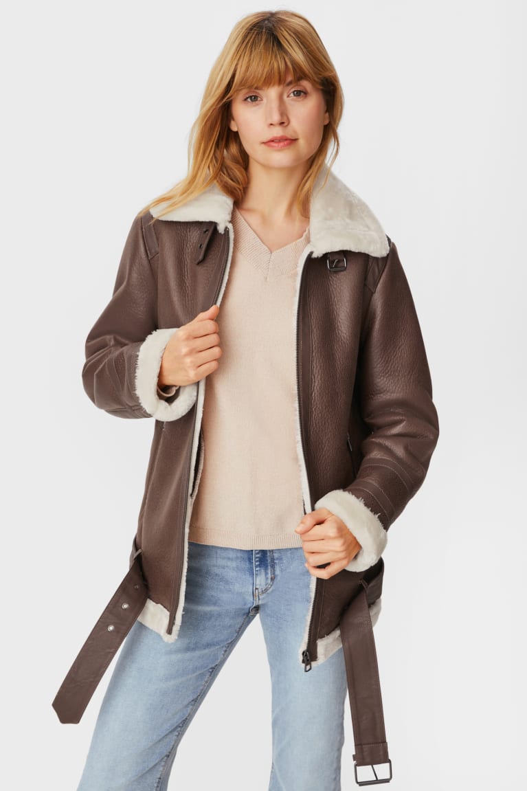 Dark Brown C&A Biker With Faux Fur Trim Lined Faux Leather Women\'s Jackets | JVKWY-8507