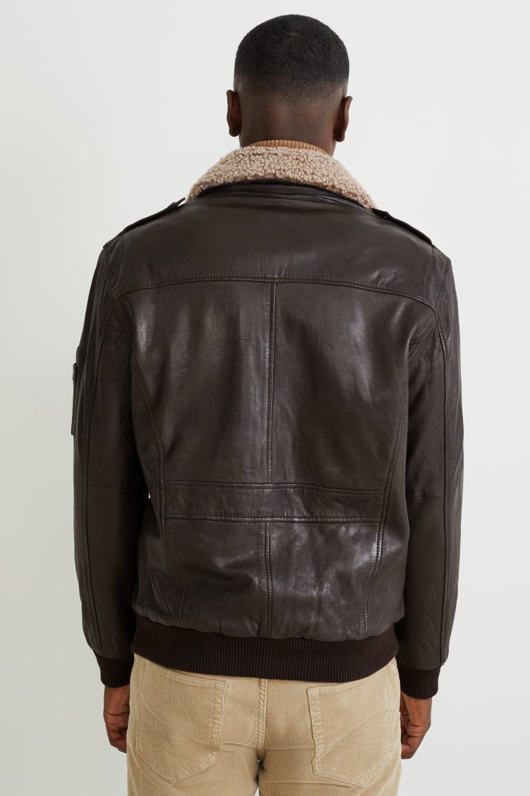 Dark Brown C&A Leather Bomber Men's Jackets | WMHEI-6140