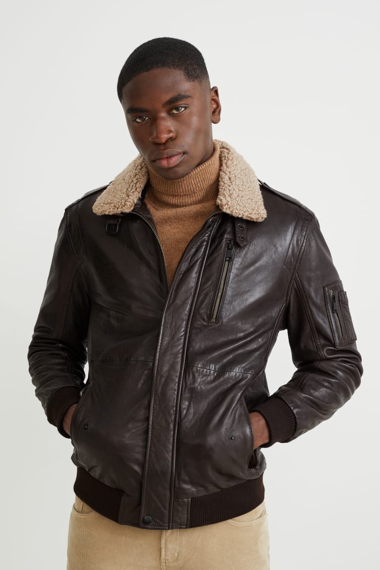 Dark Brown C&A Leather Bomber Men's Jackets | WMHEI-6140