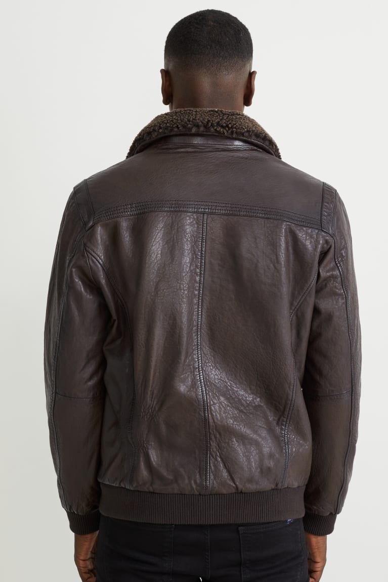 Dark Brown C&A Leather With Faux Fur Trim Men's Jackets | YUVCF-6381