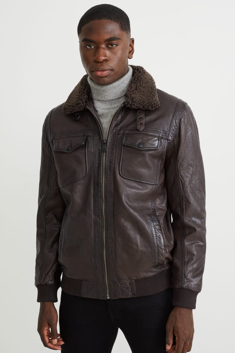 Dark Brown C&A Leather With Faux Fur Trim Men's Jackets | YUVCF-6381