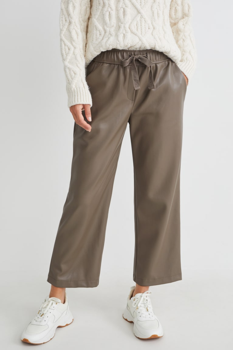 Dark Brown C&A Mid-rise Waist Wide Leg Faux Leather Women's Trousers | KDLQA-5916