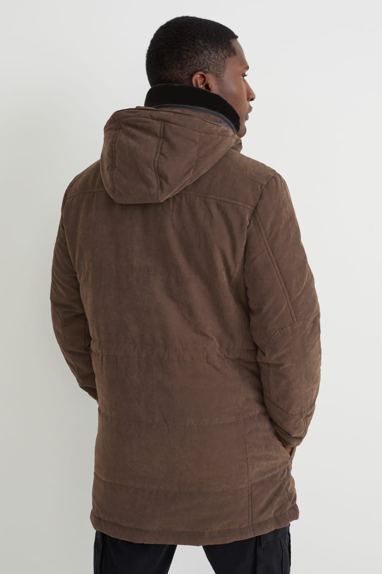 Dark Brown C&A Parka With Hood And Faux Fur Collar Men's Jackets | GJYOF-0742