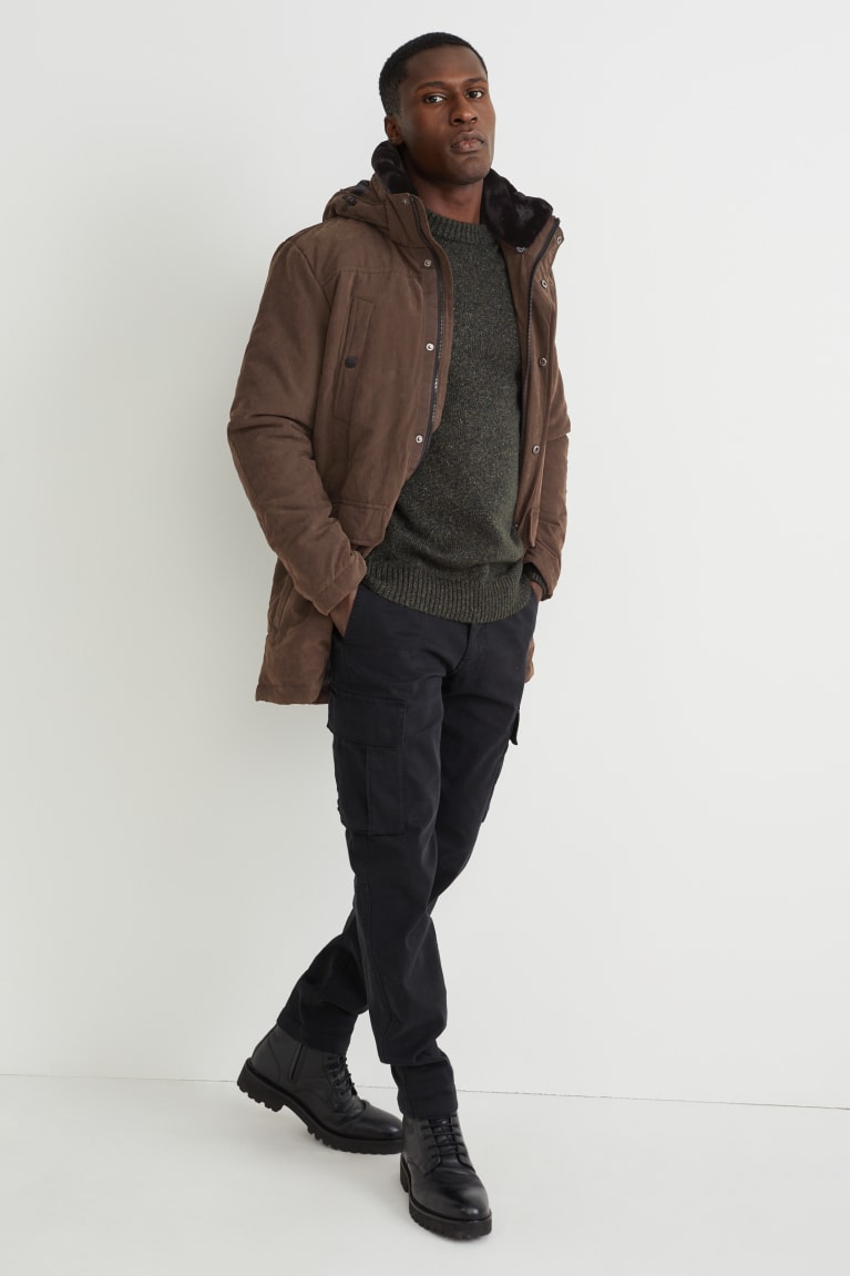 Dark Brown C&A Parka With Hood And Faux Fur Collar Men's Jackets | GJYOF-0742