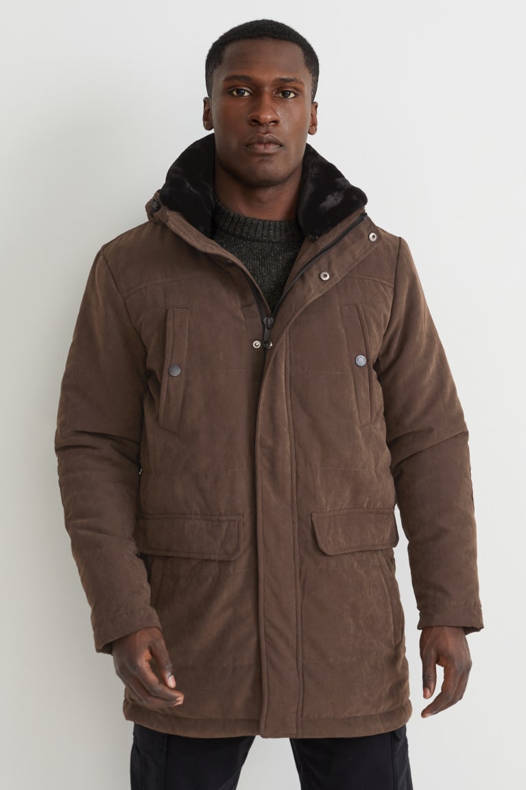 Dark Brown C&A Parka With Hood And Faux Fur Collar Men\'s Jackets | GJYOF-0742