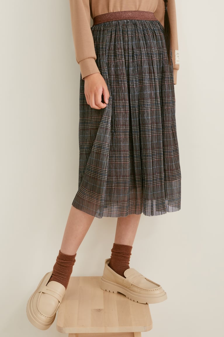 Dark Brown C&A Shiny Effect Check Girls' Skirts | NZJKR-8401