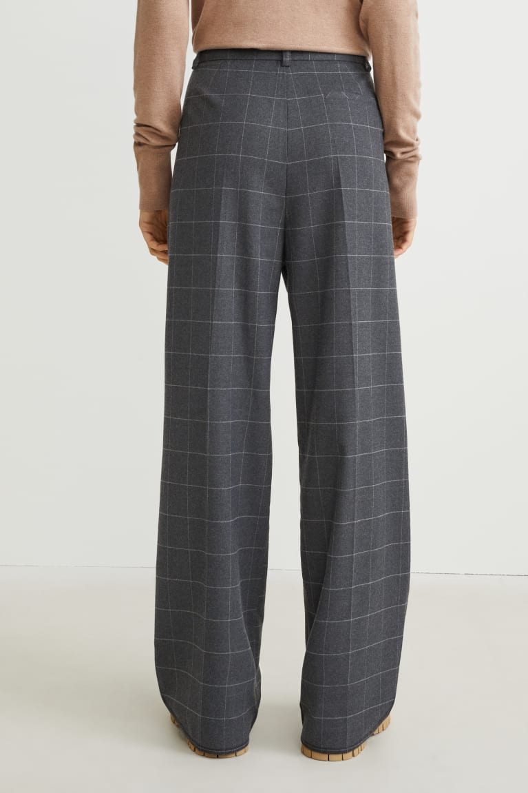 Dark Gray C&A Cloth High-rise Waist Wide Leg Check Women's Trousers | HFORD-5740