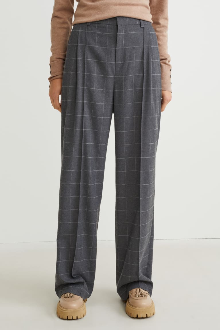 Dark Gray C&A Cloth High-rise Waist Wide Leg Check Women's Trousers | HFORD-5740