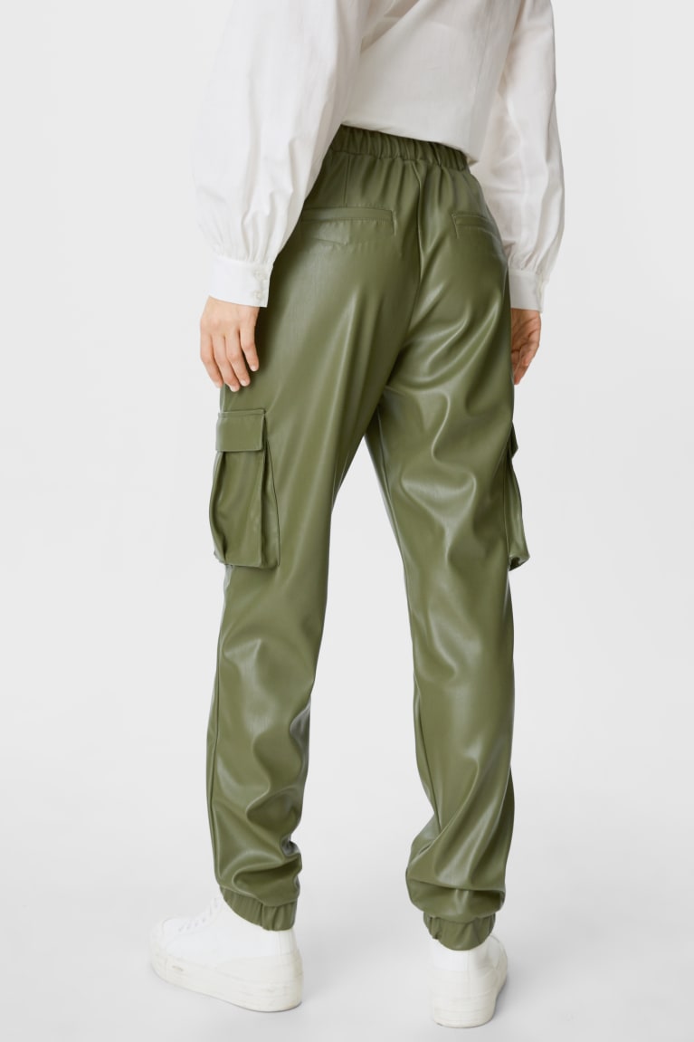 Dark Green C&A Cargo Faux Leather Recycled Women's Trousers | KGXQU-8964