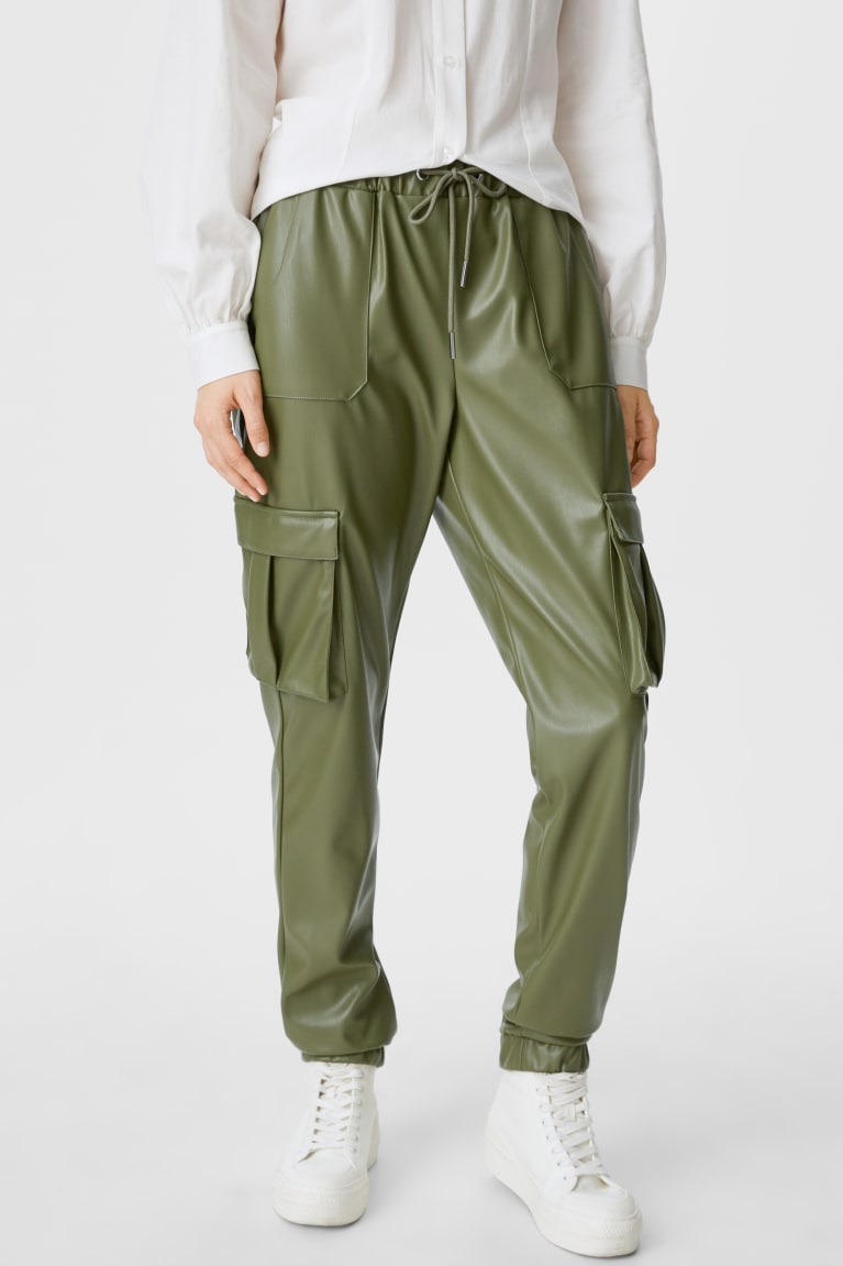 Dark Green C&A Cargo Faux Leather Recycled Women's Trousers | KGXQU-8964