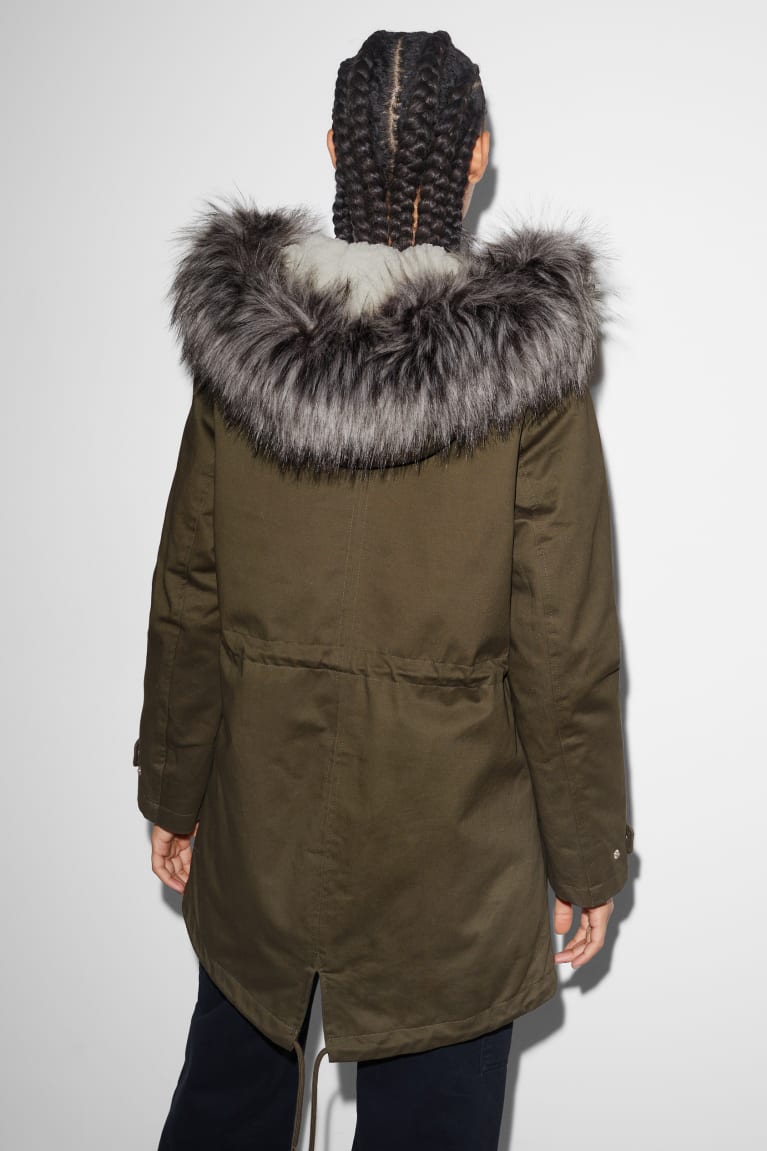 Dark Green C&A Clockhouse Parka With Hood And Faux Fur Trim Winter Women's Jackets | FRXZI-4695