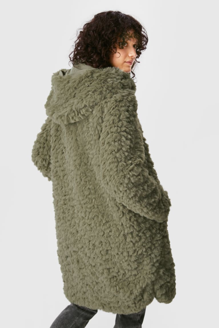 Dark Green C&A Faux Fur With Hood Women's Coats | AOEKH-7890