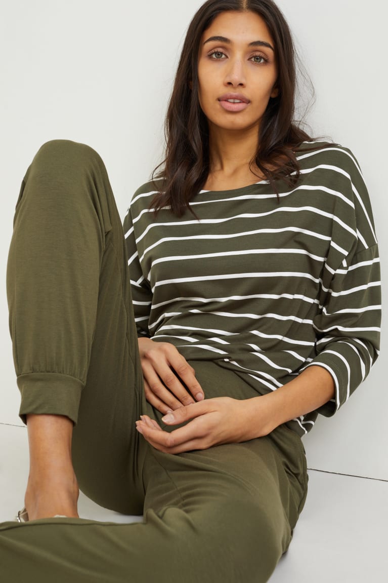 Dark Green C&A Long Sleeve Lenzing™ Ecovero™ Striped Women's Top | CAEDP-5307