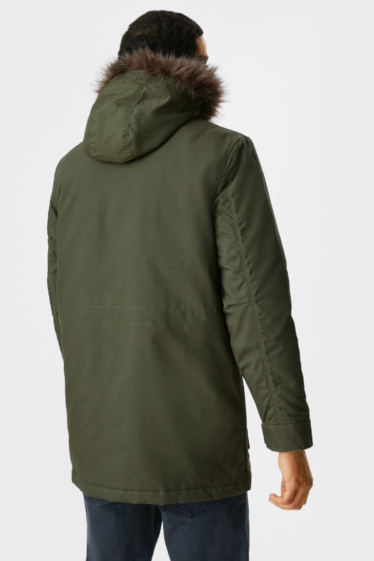 Dark Green C&A Parka With Hood And Faux Fur Trim Recycled Men's Jackets | SMEWJ-5867