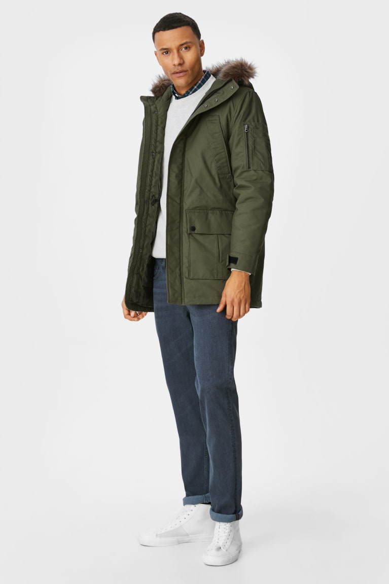 Dark Green C&A Parka With Hood And Faux Fur Trim Recycled Men's Jackets | SMEWJ-5867