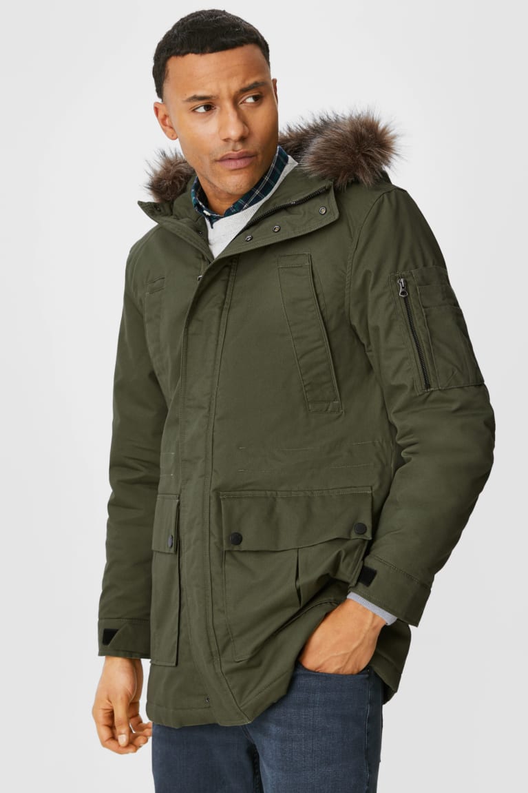 C A Parka With Hood And Faux Fur Trim Recycled Graphic Discount Sale Dark Green Mens Jackets