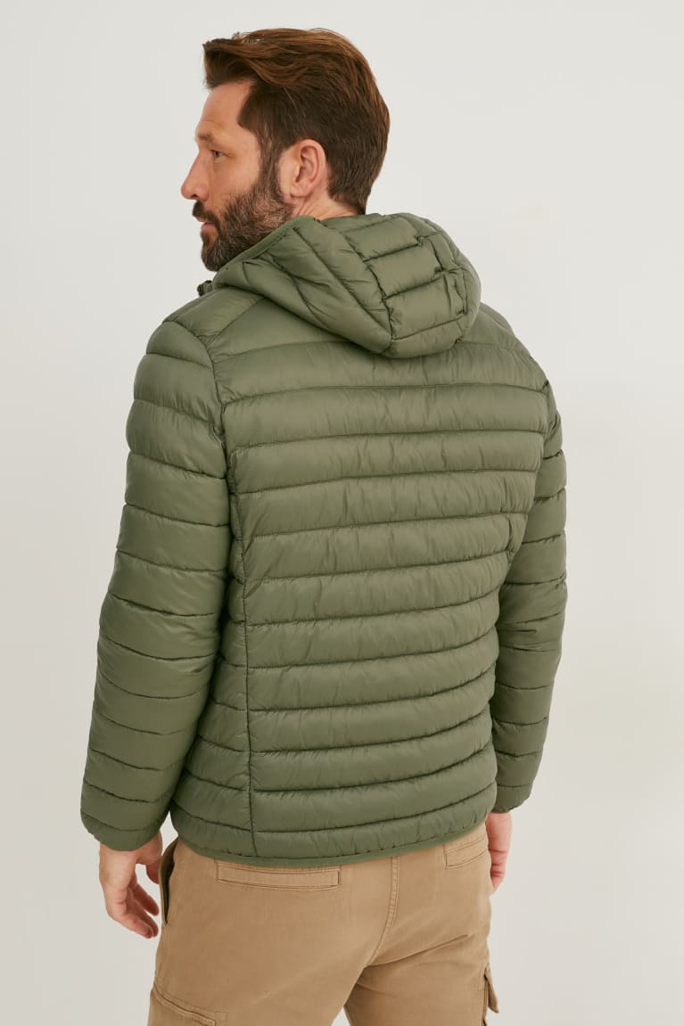 Dark Green C&A Quilted With Hood Recycled Men's Jackets | FVURS-5180