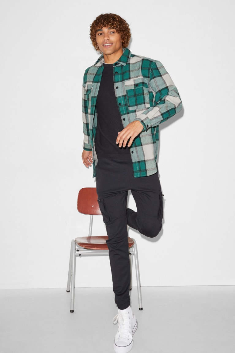 Dark Green / White C&A Clockhouse Relaxed Fit Kent Collar Check Men's Shirts | QOSXF-7891