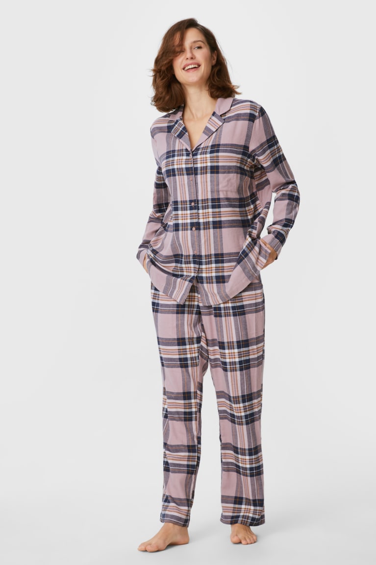 Dark Rose C&A Flannel Pyjamas Check Women\'s Nightwear | NPHSU-3026