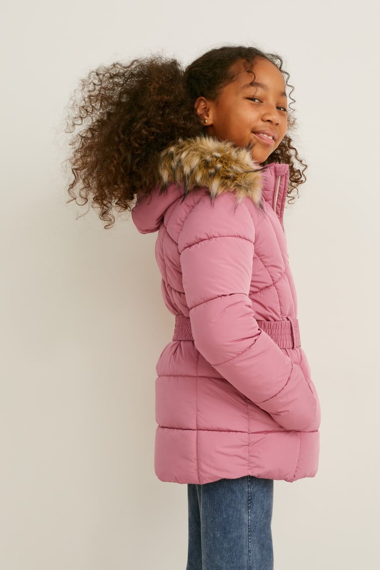 Dark Rose C&A Quilted With Hood, Faux Fur Trim And Belt Girls' Jackets | JXFGV-5879