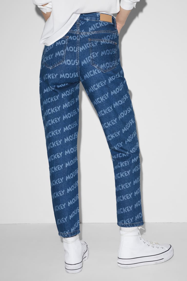 Denim Blue C&A Clockhouse Mom High Waist Micky Maus Women's Trousers | NQSYP-7982