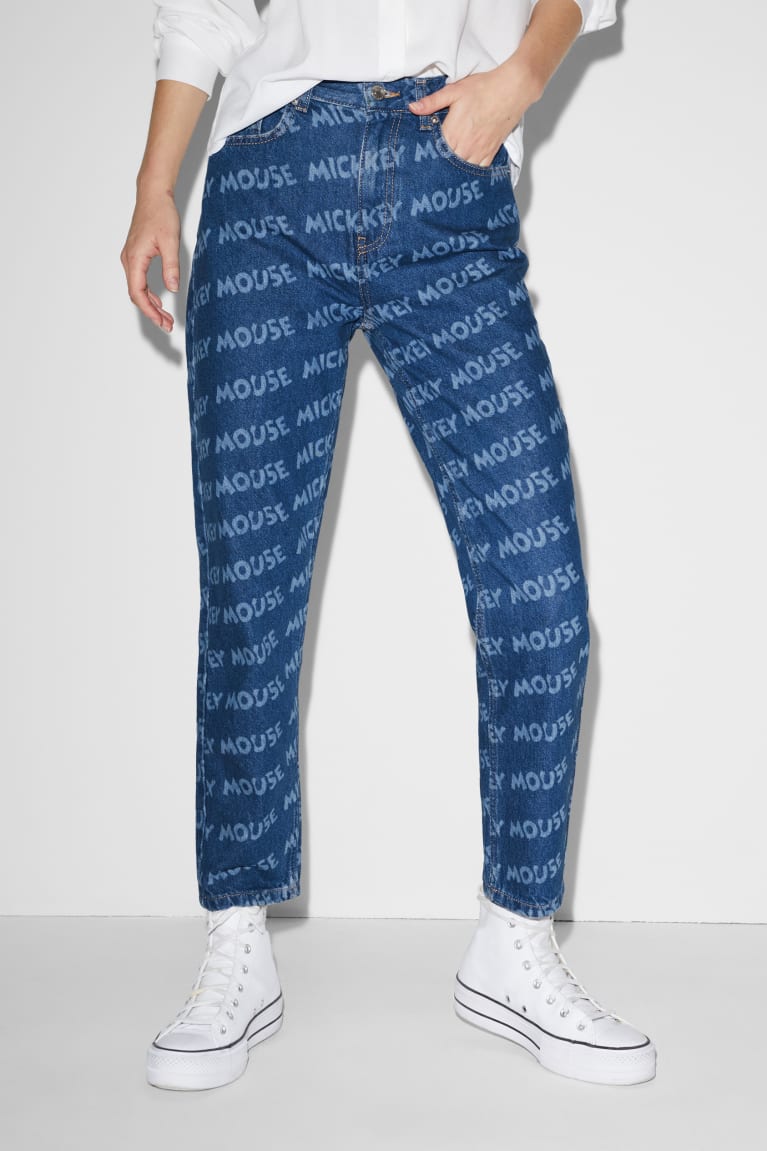 Denim Blue C&A Clockhouse Mom High Waist Micky Maus Women's Trousers | NQSYP-7982