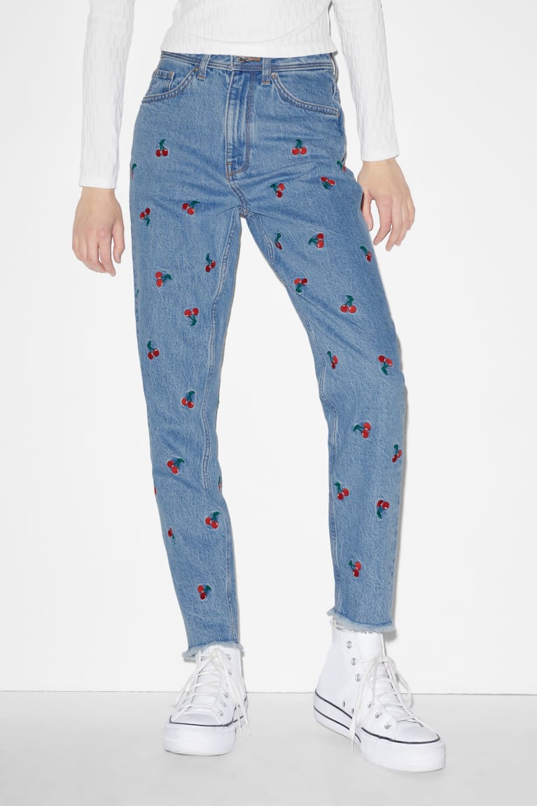 Denim Blue C&A Clockhouse Slim High Waist Patterned Women's Jeans | FOBWS-7352