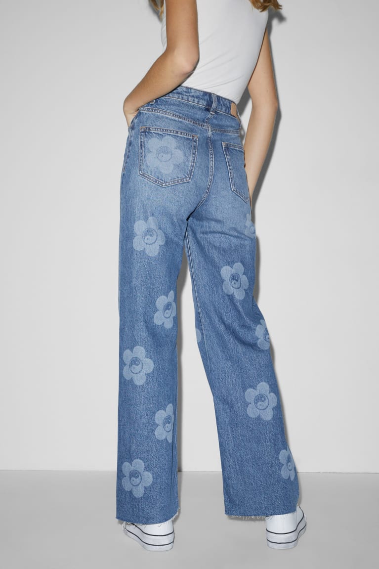 Denim Blue C&A Clockhouse Wide Leg High Waist Floral Women's Jeans | CIZVQ-2809