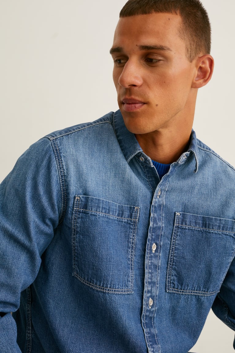 Denim Blue C&A Denim Regular Fit Cradle To Cradle Certified® Gold Men's Shirts | WVSYQ-2587