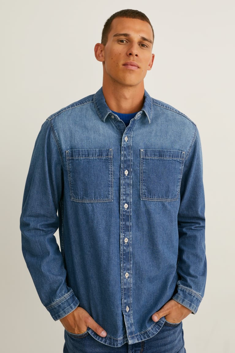 Denim Blue C&A Denim Regular Fit Cradle To Cradle Certified® Gold Men\'s Shirts | WVSYQ-2587