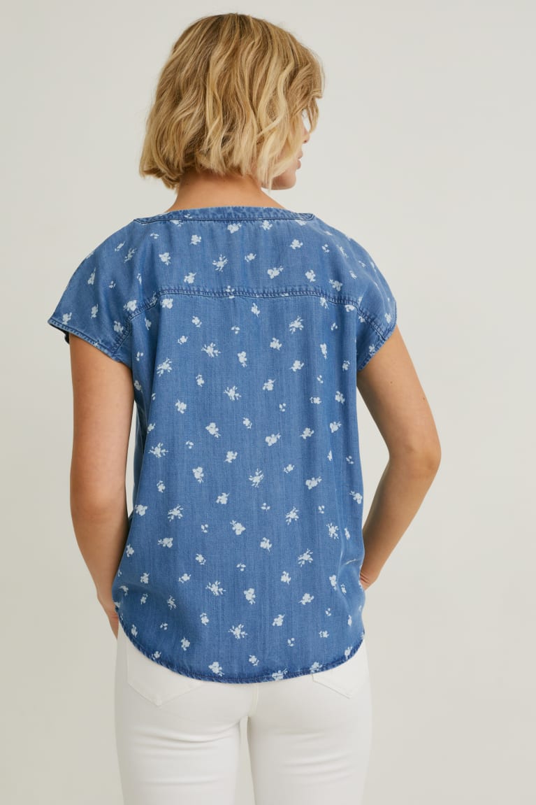 Denim Blue C&A With Knot Detail Tencel™ Floral Women's Blouses | TNFQK-3061