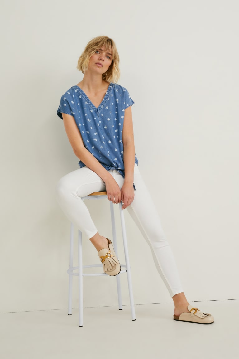 Denim Blue C&A With Knot Detail Tencel™ Floral Women's Blouses | TNFQK-3061