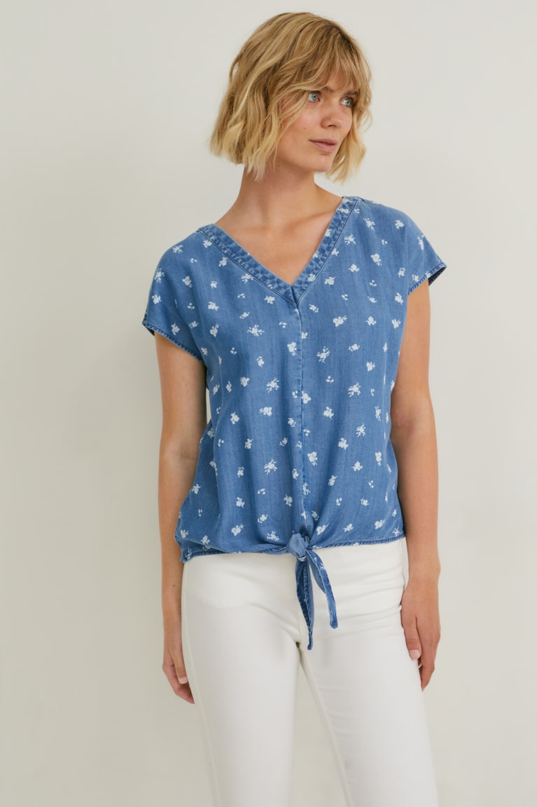 Denim Blue C&A With Knot Detail Tencel™ Floral Women\'s Blouses | TNFQK-3061