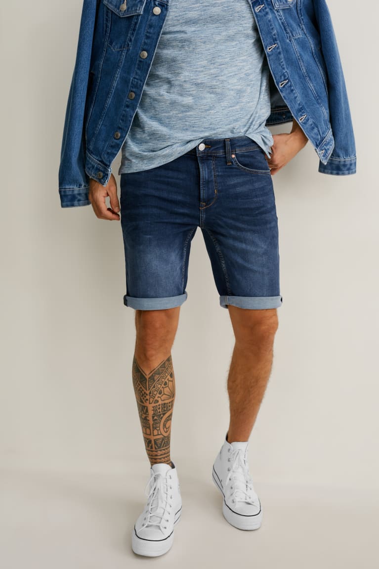 Denim Dark Blue C&A Denim Flex Jog Denim Men's Shorts | WEUYL-1309