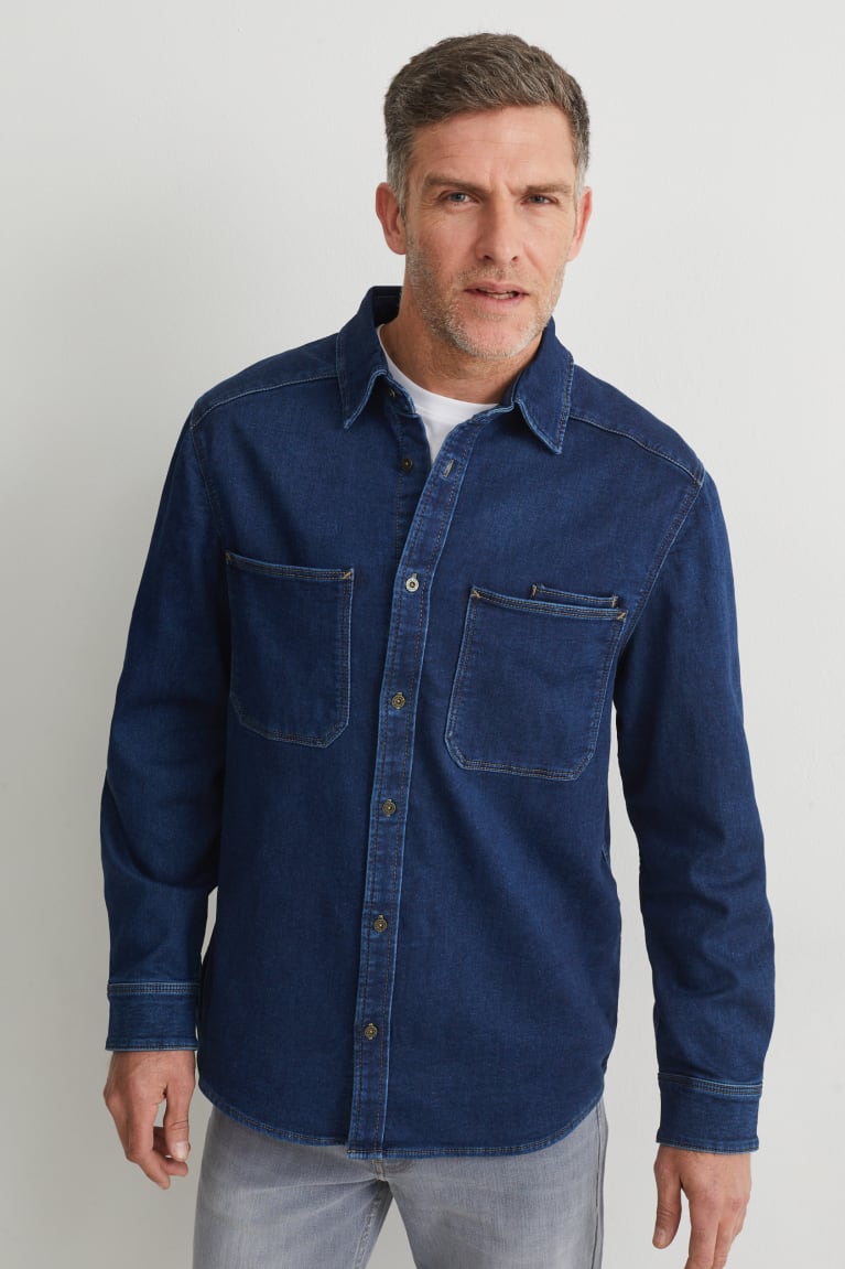 Denim Dark Blue C&A Denim Regular Fit Kent Collar Men\'s Shirts | DRVLB-6935