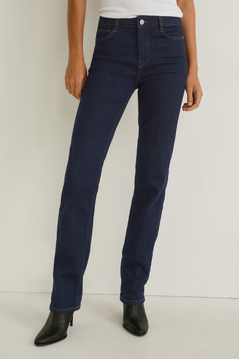 Denim Dark Blue C&A Straight Mid-rise Waist Lycra® Women's Jeans | QVYNJ-0142