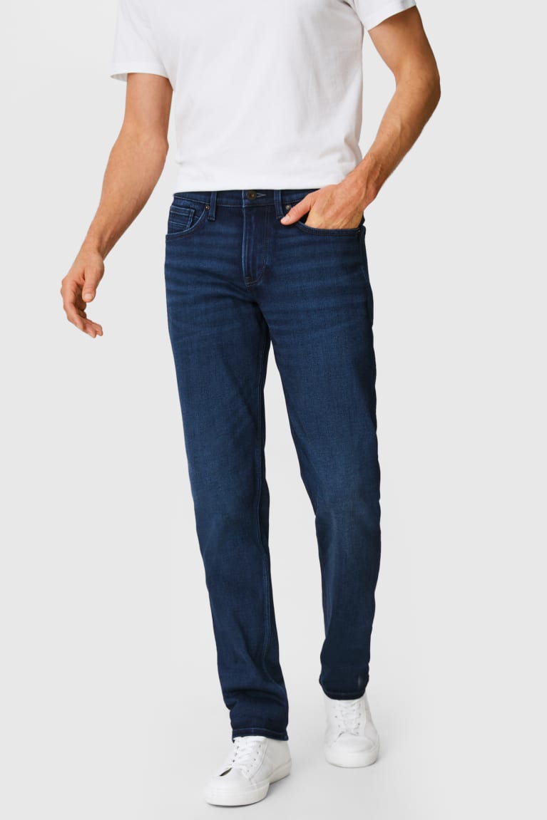 Denim Dark Blue C&A Straight Thermal Jog Denim Recycled Men's Jeans | MVWCK-8631