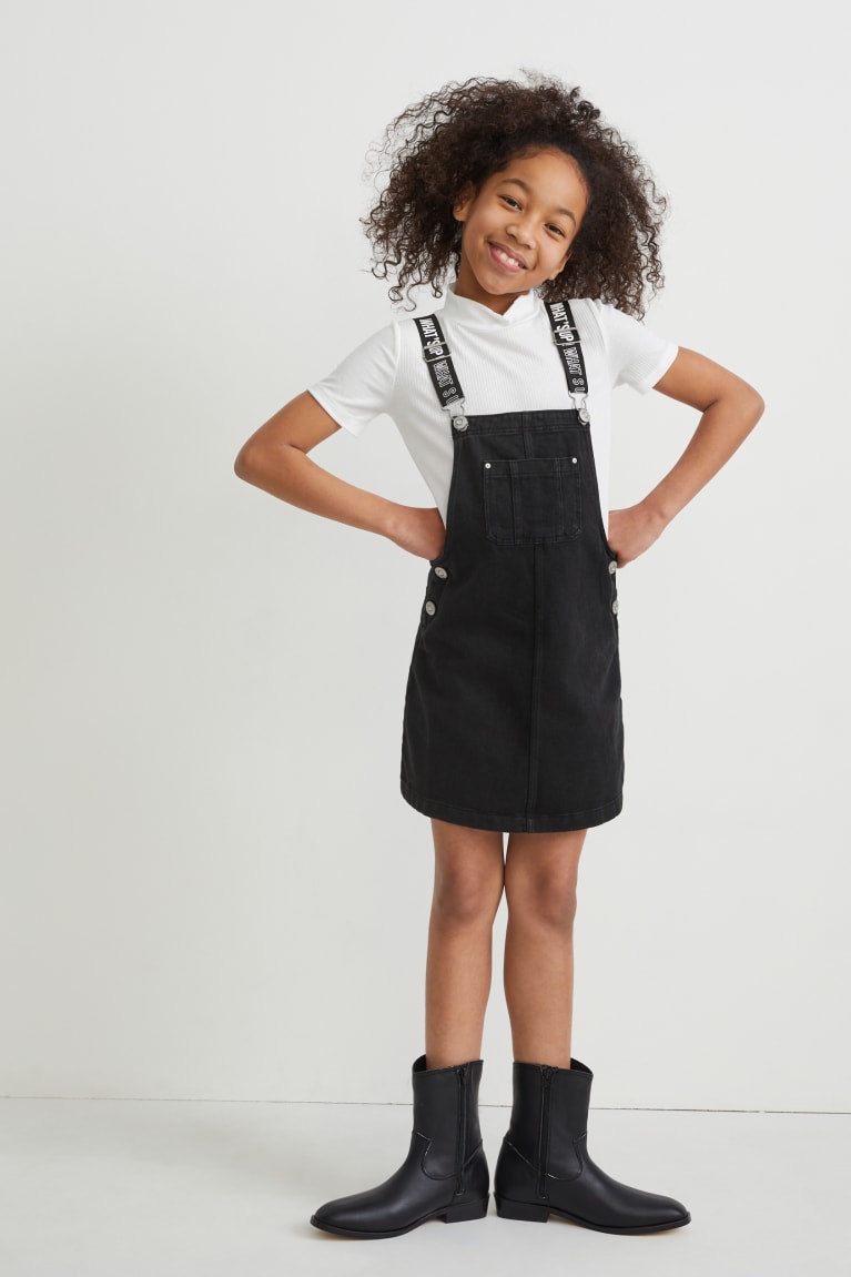 Denim Dark Gray C&A Set Denim Pinafore And Sleeve 2 Piece Girls\' Dress | TVQYN-7436