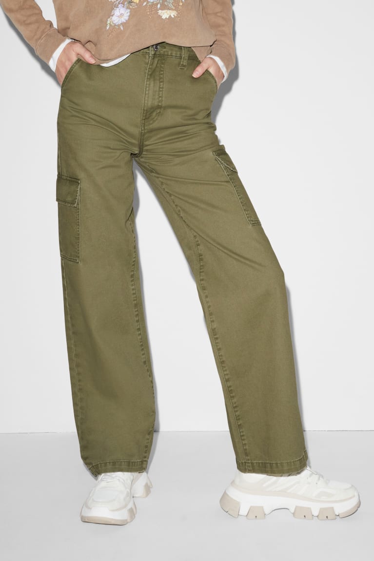 Denim Green C&A Clockhouse Cargo High Waist Wide Leg Women's Trousers | RPBMK-9106