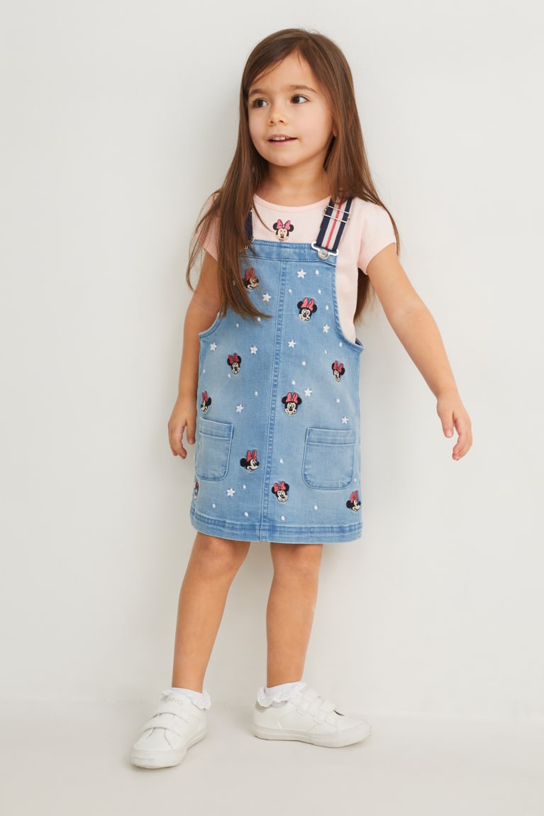 Denim Light Blue C&A Minnie Mouse Set Sleeve And Pinafore 2 Piece Girls\' Dress | FAEMH-2105