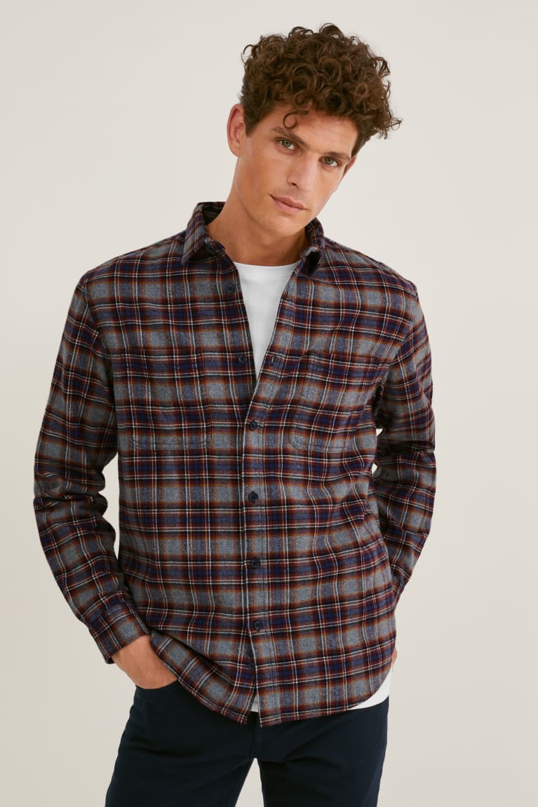 Gray / Dark Red C&A Flannel Regular Fit Kent Collar Check Men\'s Shirts | WTCLF-7385