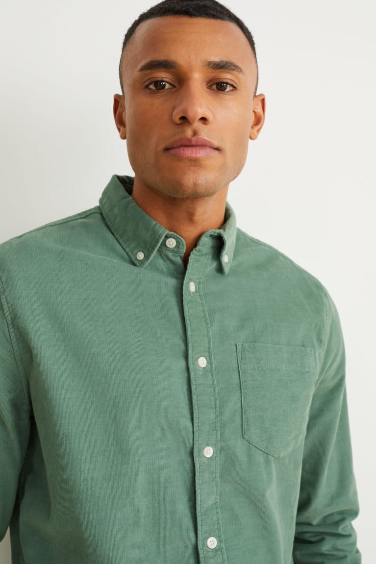 Green C&A Corduroy Regular Fit Button-down Collar Men's Shirts | GPSFY-9075